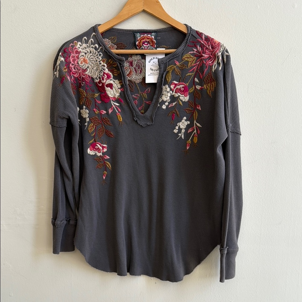 Johnny Was Gray Floral Embroidered Women's Top